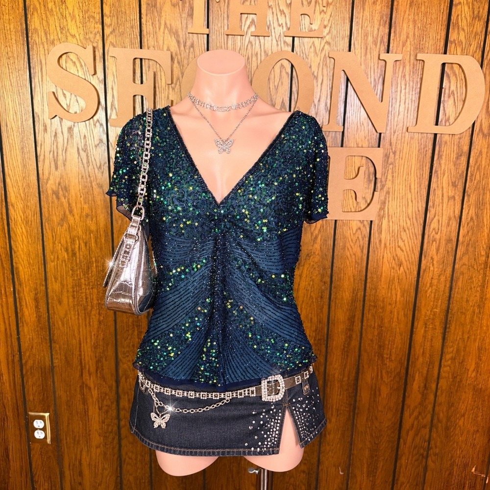 Blue Beaded Silk V Neck Top Adrianna Papell Women L Y2K Glam Indie Sleaze Party